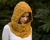 Hooded Cowl, Wood Button Crochet Hoodie, Scoodie, Mustard Yellow Cowl, Marigold