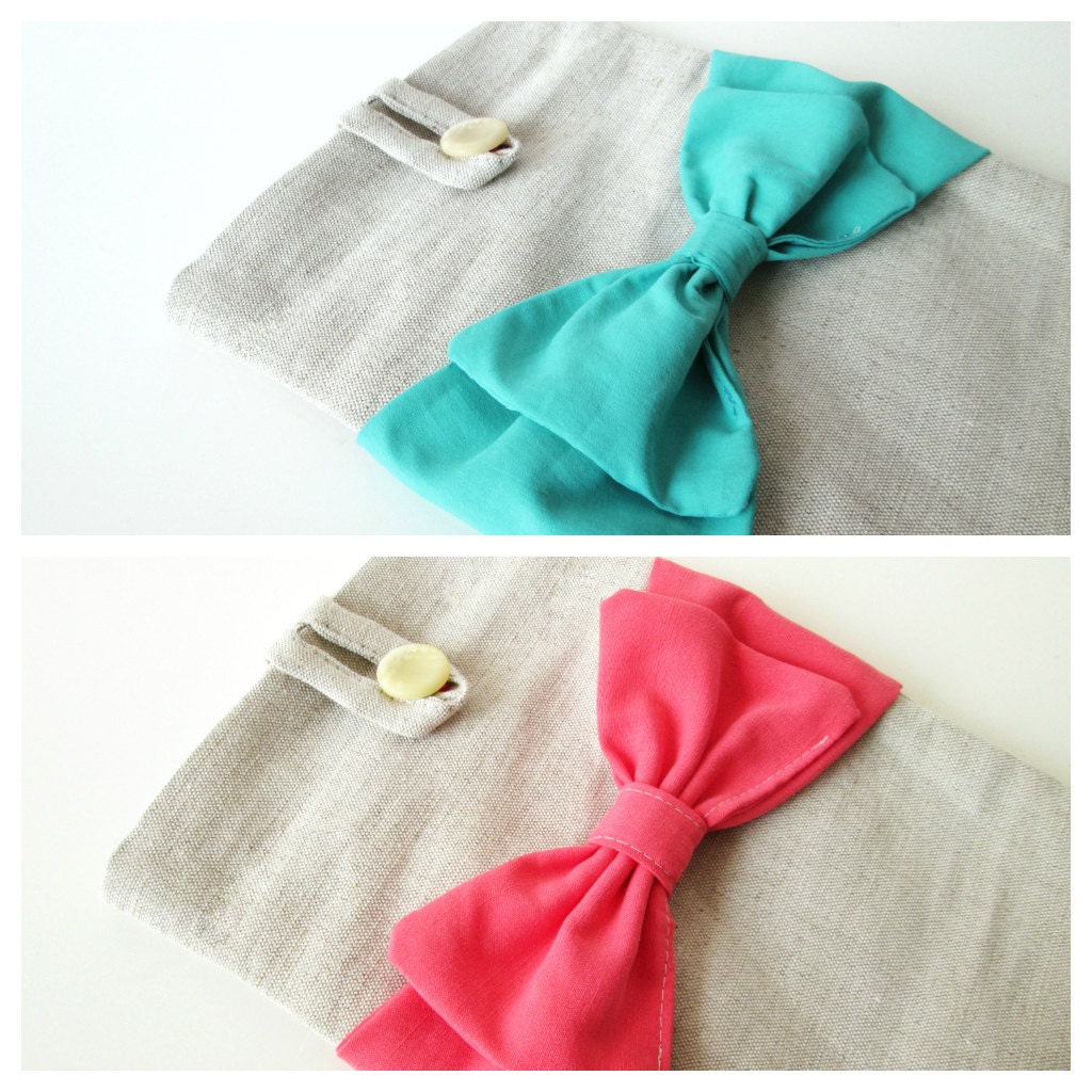 MacBook Air cover 11 / 13 inches , MacBook Air case / sleeve Natural canvas, Bow turquoise/coral
