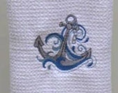 Embroidered Nautical Anchor and Waves Microfiber Waffle Weave Hand Towel - Dish Towel - Kitchen Towel