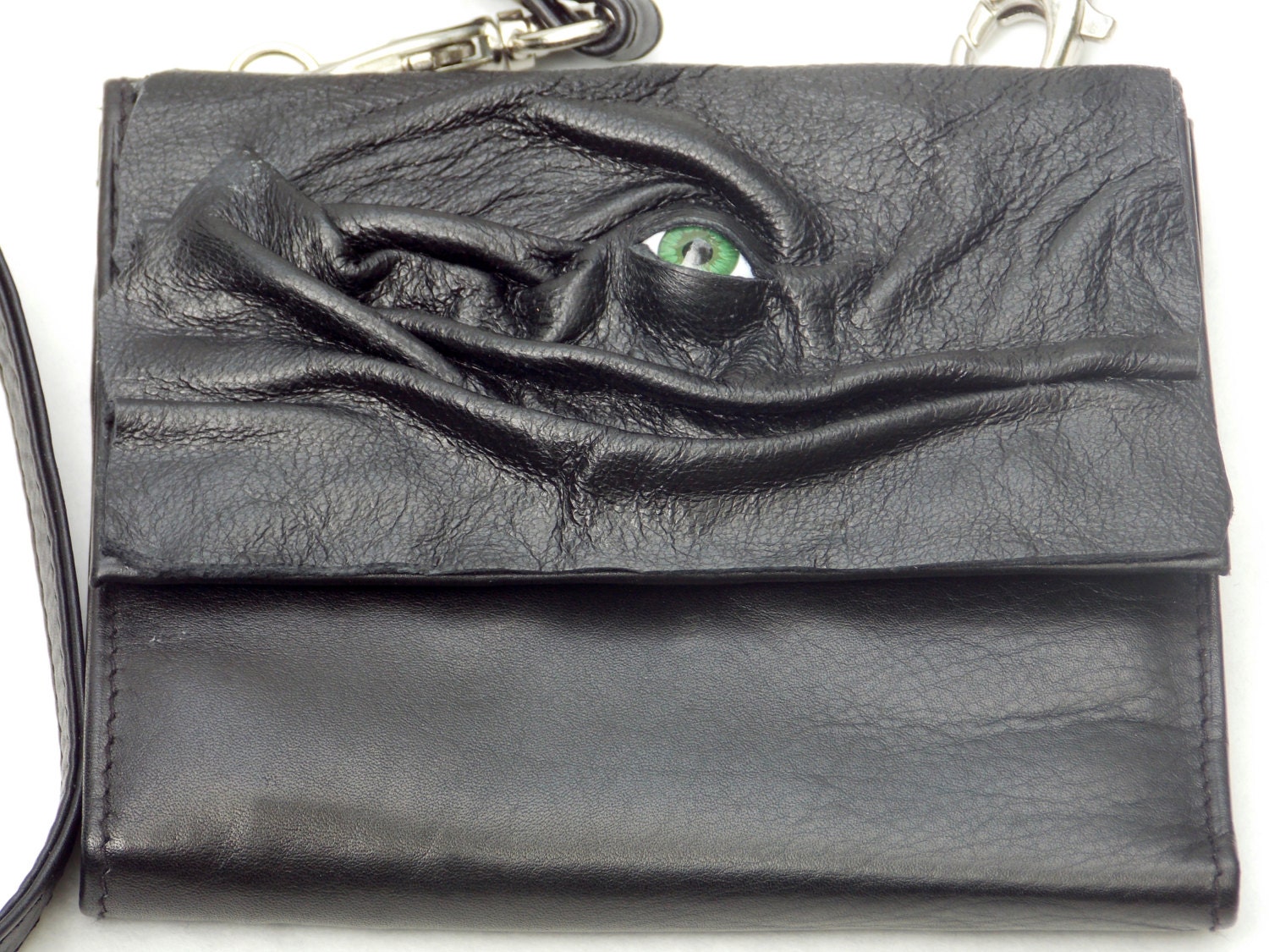 Black Leather messenger Purse Goth Handbag Clutch Organizer Witch Wiccan Pagan Eyeball Purse