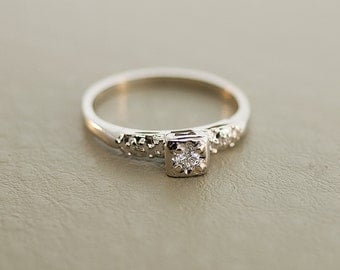 Petite and Vintage 14k White Gold Diamond Engagement Ring