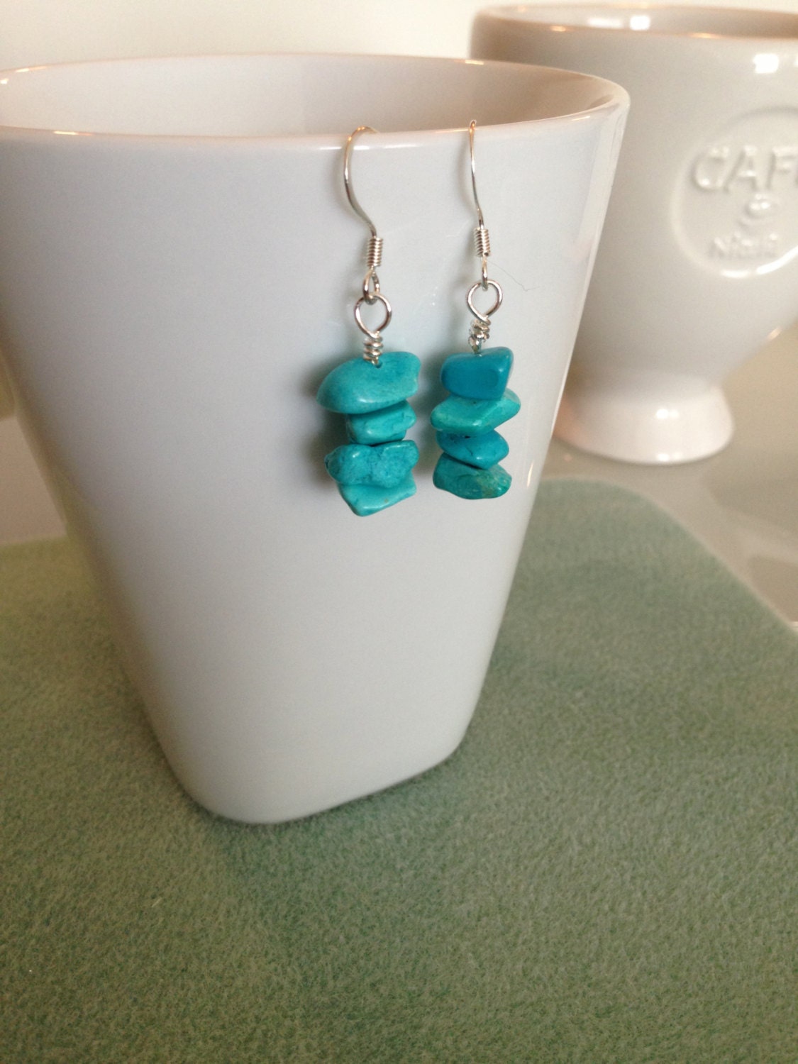 Turquoise Stacked Rock Dangle Earrings on Silver Plated Hooks Hand Wired