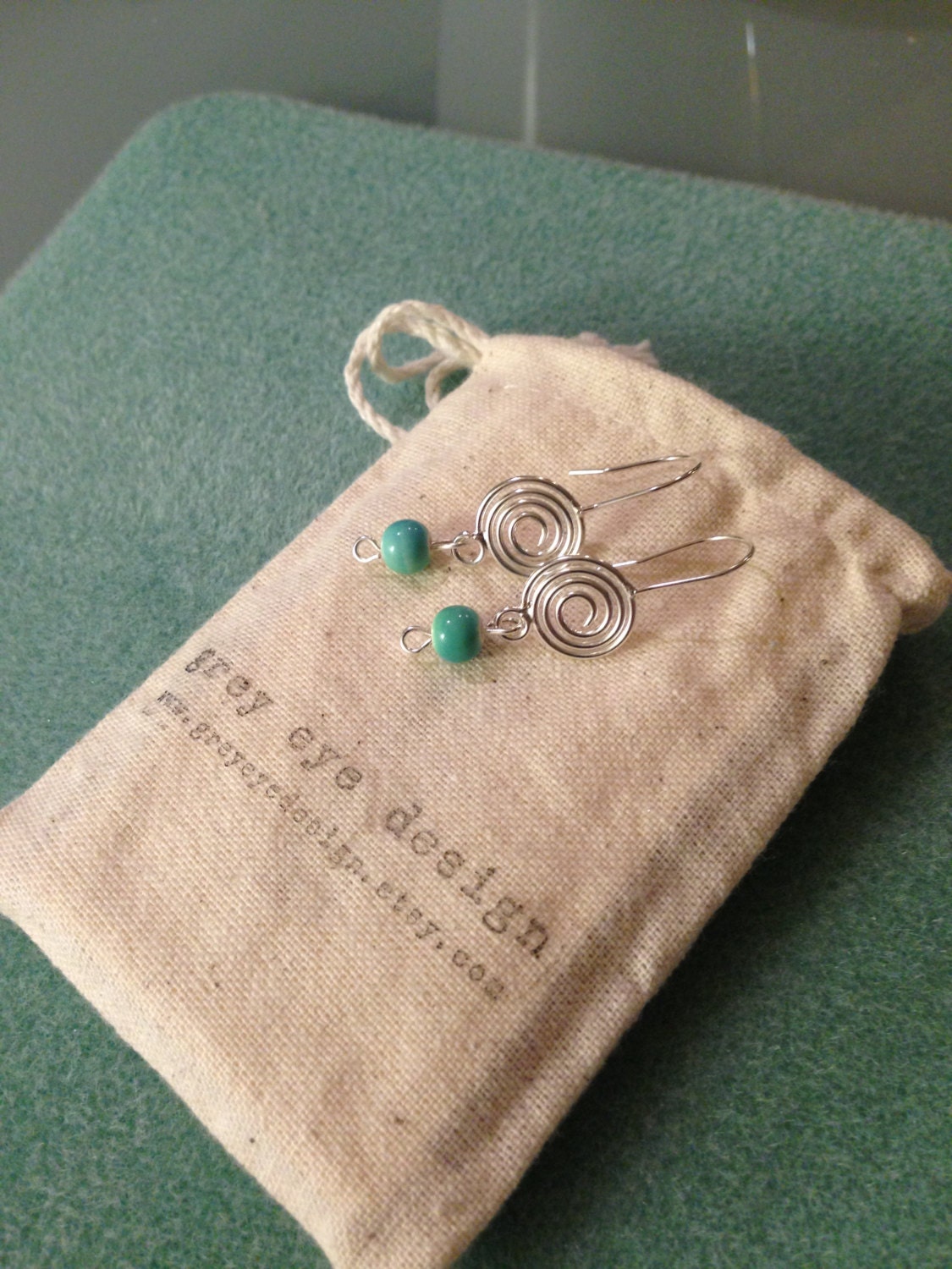 Silver Plated Spiral Earring with Turquoise Aqua Dangle Bead Summer Beachy