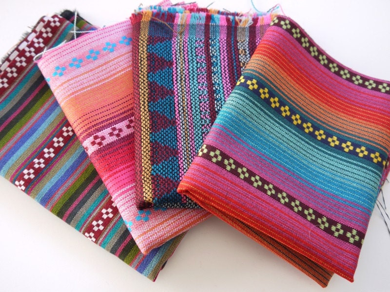 Tribal Fabric, Peruvian Fabric, Woven Aztec Fabric Bundle, 4 Large Pieces