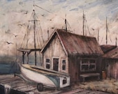Boat Oil Painting - Rustic Boat House Painting