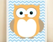 Nursery Chevron Owl Art Print: Blue Baby Boy Nursery Wall Decor - Customize To Your Colors 8x10