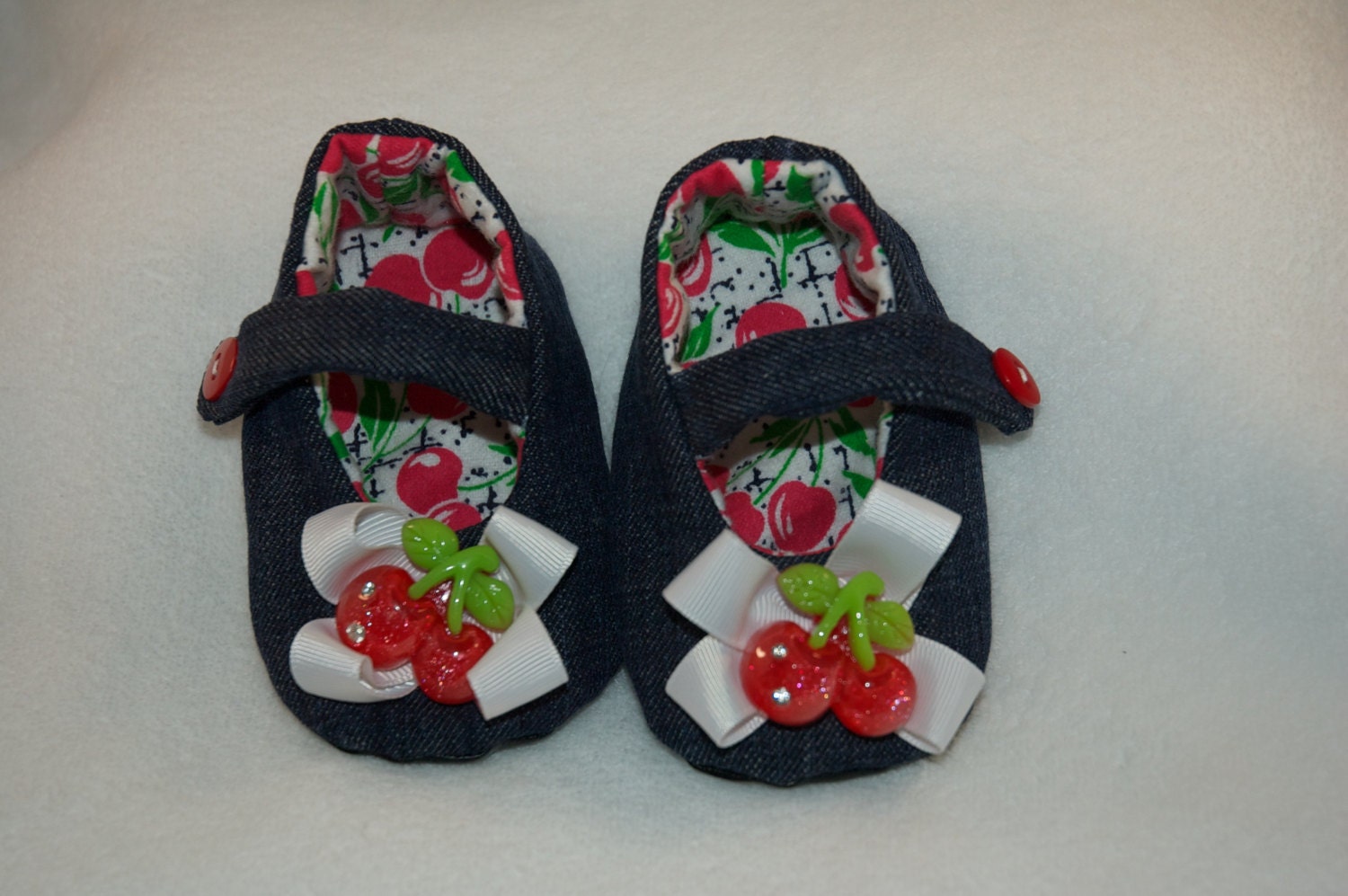 Red Cherry Denim Baby girl Mary Janes