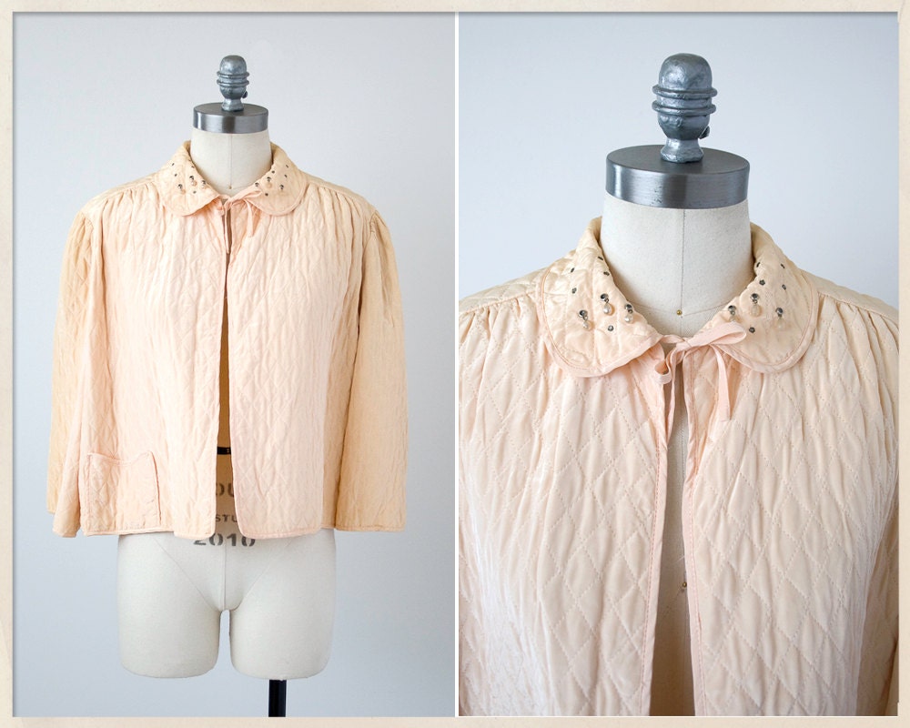 35% SALE // vintage 50s bed jacket // 1950s quilted peach bed jacket // rhinestone loungewear
