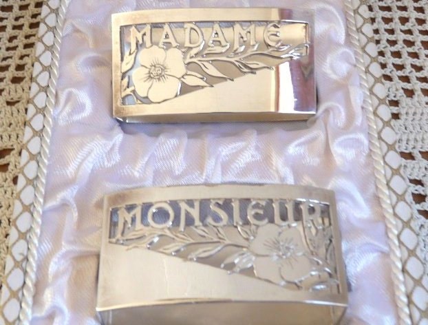 Vintage MADAME and MONSIEUR Napkin Rings, Set of 2 silverplated rings for her and him, Wedding present in original box. Art Deco.
