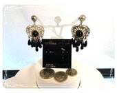 Old Store Stock Nina Rich Heart Silver Heart & Black Beads Pierced Earrings - E626a-081412000