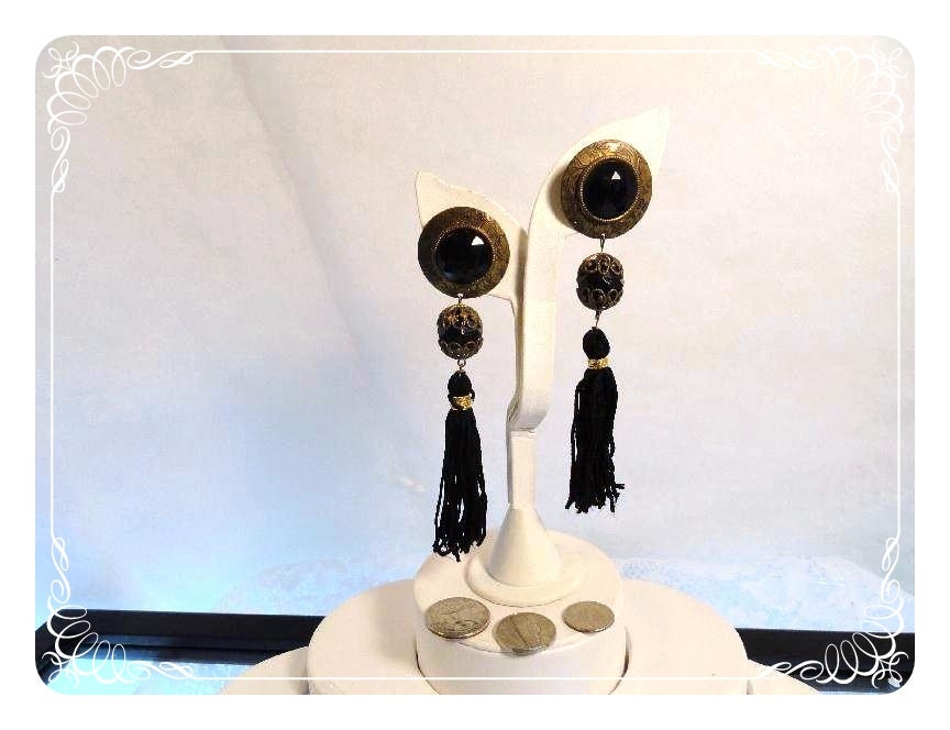 Bollywood Shoulder Duster Black Tassel and Gold Filigree Bead Earrings -  E809a-081412000