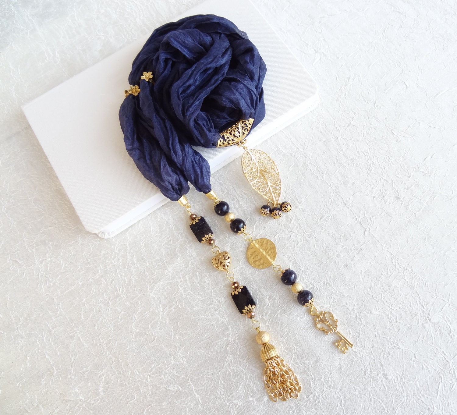 Navy Blue Jewelry Scarf, Scarf Necklace,  Gold Plated,Star Stone Necklace , Turkish Silk Necklace