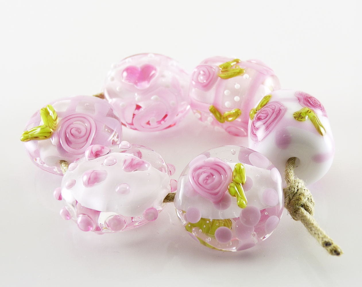 Lampwork lentil beads pink hearts and delicate roses SRA set of 6 beads
