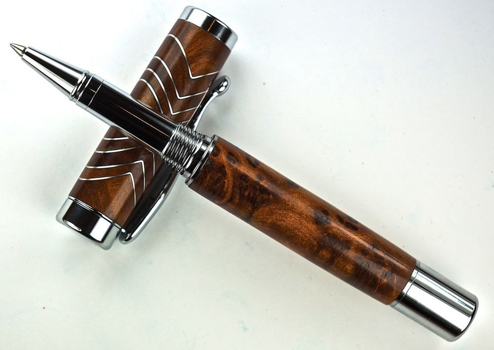 Handcrafted Wooden Pen Hand Turned Rollerball Pen Beautiful Thuya Burl with Aluminum Accents Chrome Hardware 420U