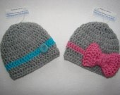 Twins Crochet baby boy girl set of 2 bow hat beanie pink blue grey  handmaded 0-4 months shower gift photo prop