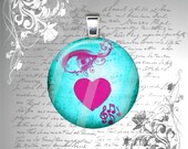 Eye Love Music - Pink and Aqua Grunge Heart and Music Notes - 1 Inch Glass Circle Photo Pendant Necklace