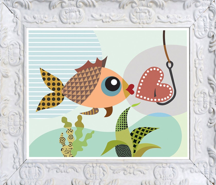 Fish Art Giclee Print - Creative Love  Fish Art Poster - Fishing Wall Decor- Nursery Room Art - Baby Room Decor  - 11" X 14"
