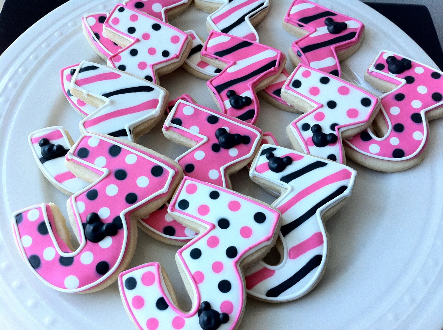 Decorated Minnie Mouse Number Cookies with Polka Dots and Stripes, Perfect for your child's Birthday Party Favors