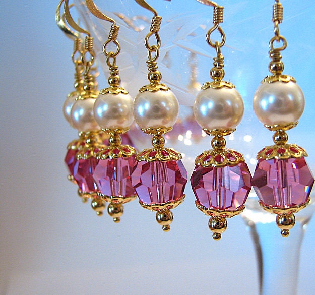Bridesmaid earrings Swarovski pearl and pink crystal earrings Dangle beaded earrings Prom wedding bridal jewelry Beaded bridesmaid jewelry