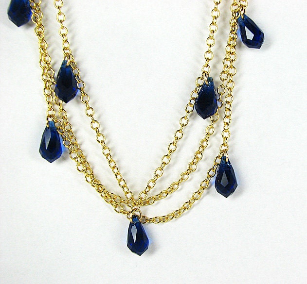 Multistrand boho crystal necklace Cobalt blue beaded necklace Multi strand gold chain necklace Beaded jewelry Mothers Day