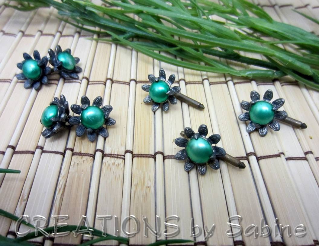 Flower Cufflinks & Studs, Set of 5, Green Silver Tone, Classy Elegant Playful, Lady Women Vintage FREE SHIPPING 109