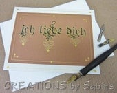 Handwritten Calligraphy Card ich liebe dich, I love you in German, Original Art, Greeting Card, Gold Brown Off White READY TO SHIP