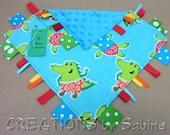 Baby Ribbon Sensory Blanket Toy, Security Blanket Blankie, Boy, Blue Turquoise Green Red Orange, Turtle Dino Aligator READY TO SHIP 104