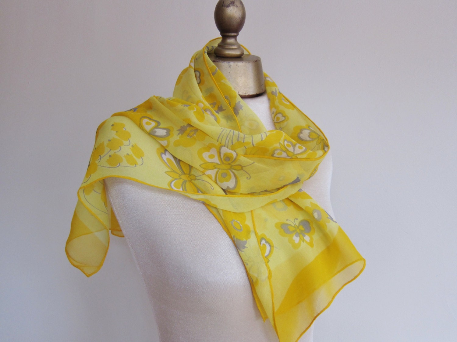 Yellow scarf / long / 1950s  / butterfly / summer / chiffon / hand rolled