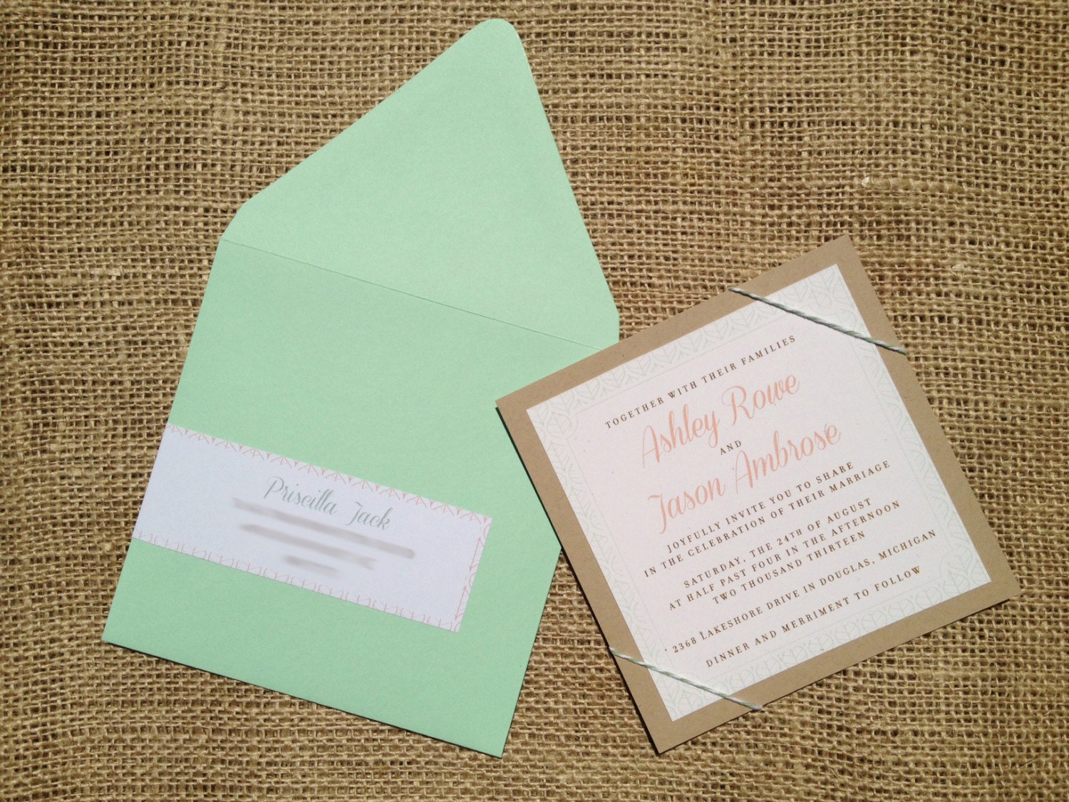 Leaf Pattern Mint Peach Blush Vintage Simple Contemporary Elegant Wedding Invitation Bakers Twine Indie Shabby Chic Country Boho