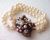 Pastel Color Rhinestone Bracelet with Imitation Pearls Swarovski Rhinestone Antique Copper Art Nouveau Style