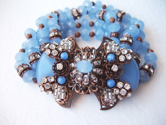 Statement Rhinestone Bracelet with Light Blue Glass Beads and Swarovski Rhinestone Magnetic Clasp Antique Copper Art Nouveau Style