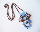 Light Blue Rhinestone Pendant Necklace with Glass Beads and Swarovski Rhinestones Antique Copper Signed