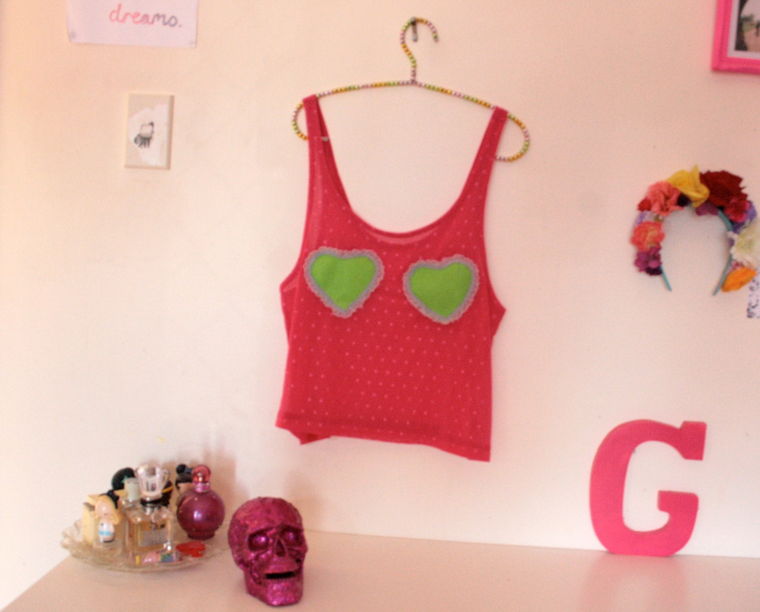 Hot pink with green lac-trim Twin hearts top - PIXIE and PIXIER