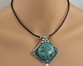 Turquoise Nepalese Pendant Necklace With Black Leather Cord
