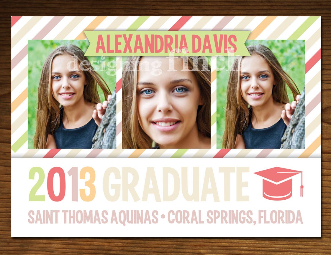 Graduation Announcement, Grad Cap and Stripes, Stationary, Customizable, Printable