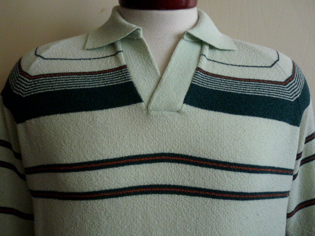 vintage 60's mod soul textured knit color block mint green forest green reddish brown horizontal stripe polo shirt, men women unisex collar