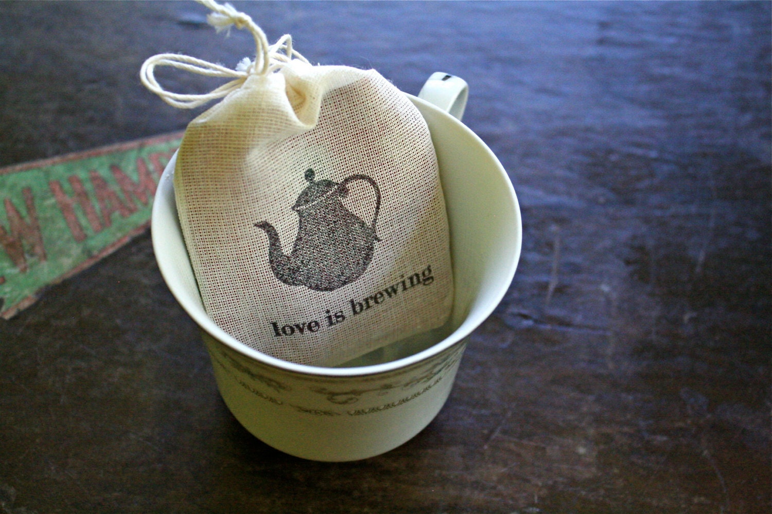 Wedding favor bags, muslin, 2x4. Set of 50. Love is Brewing with tea kettle. Tea bag wedding party favors.