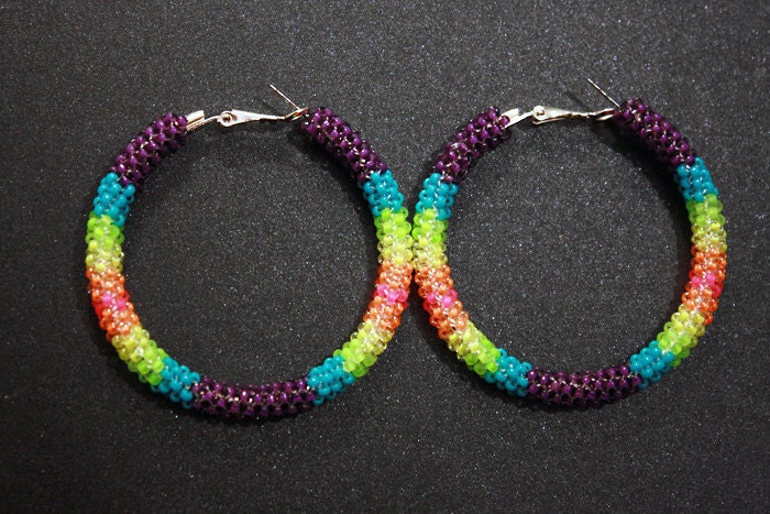 Purple/Rainbow Native American Beaded Hoop Earrings