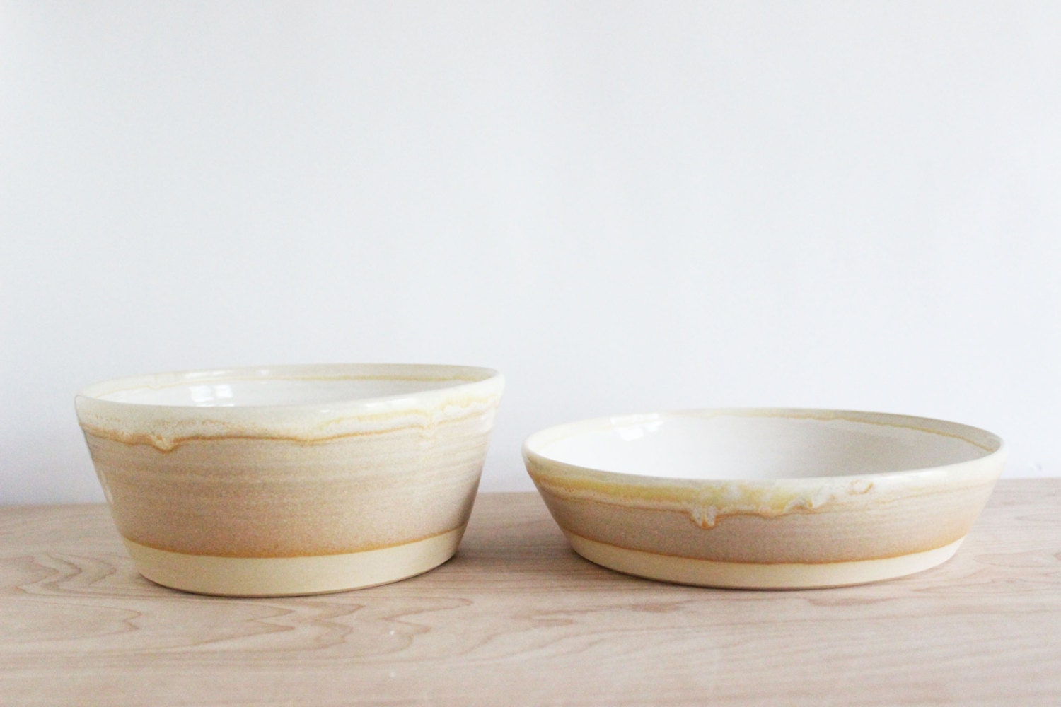 Pottery bowl set, soft tan cream sand medium and low side serve bowls