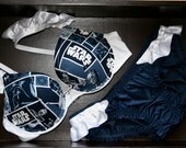 THE RUFFLE ALLIANCE Set: Ruffled Bra with Star Wars Fabric and Ruffled Silk Navy Panties