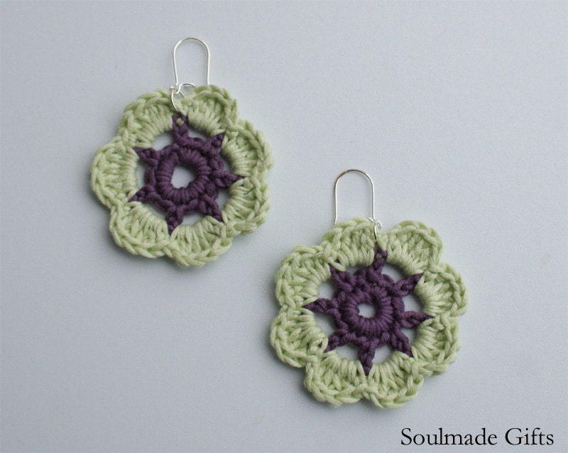 Green purple flower crochet earrings pistachio gypsy hippy cotton yarn