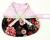 Small Dog Clothing Made to Order - Dress with Pink Seersucker and Brown, Rose, Cream & Leaf Green Flowers