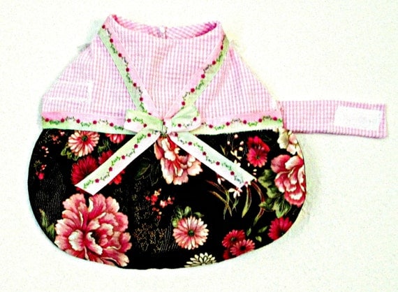 Small Dog Clothing Made to Order - Dress with Pink Seersucker and Brown, Rose, Cream & Leaf Green Flowers