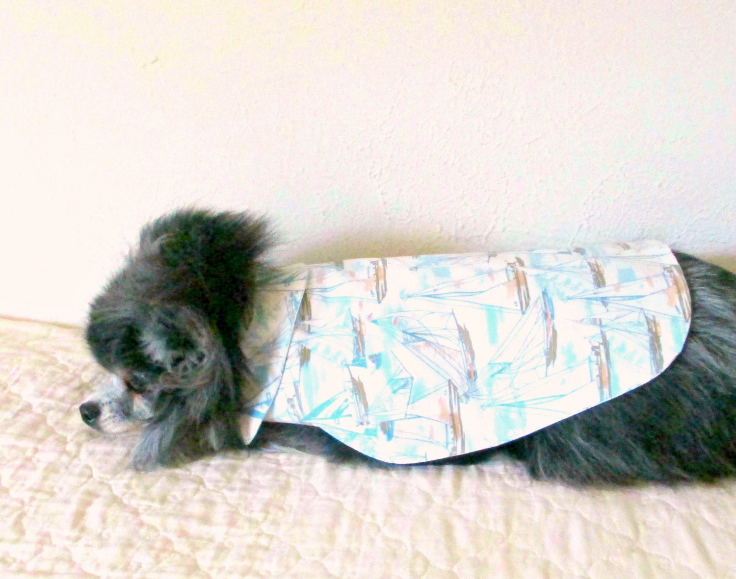 Shirt for Cats and Pint-Sized Canines - White, Sky Blue & Taupe Cotton w/Boat Print