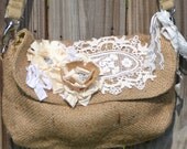 Burlap Shoulder Strap/ Handbag/Messenger Bag /Purse/ With Vintage Lace Accents and Shabby Flowers