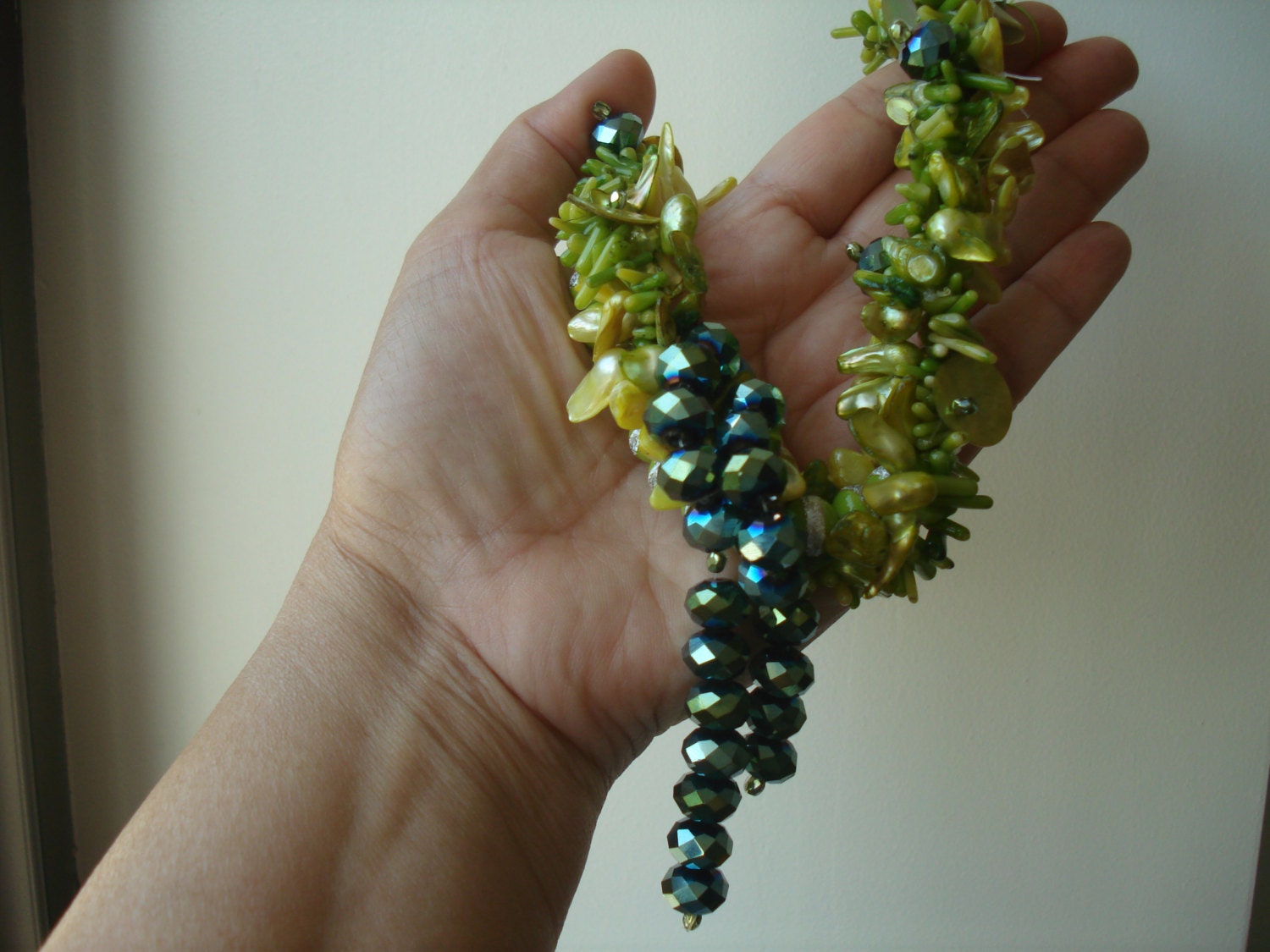 Greenland inspired Chatreuse Color Natural Multi Fresh Water Pearls and Coral Necklace