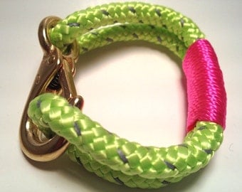 Nautical Rope Bracelet: Neon Green with Gray Reflective Chasers and Pink Wrap - Bronze Clasp