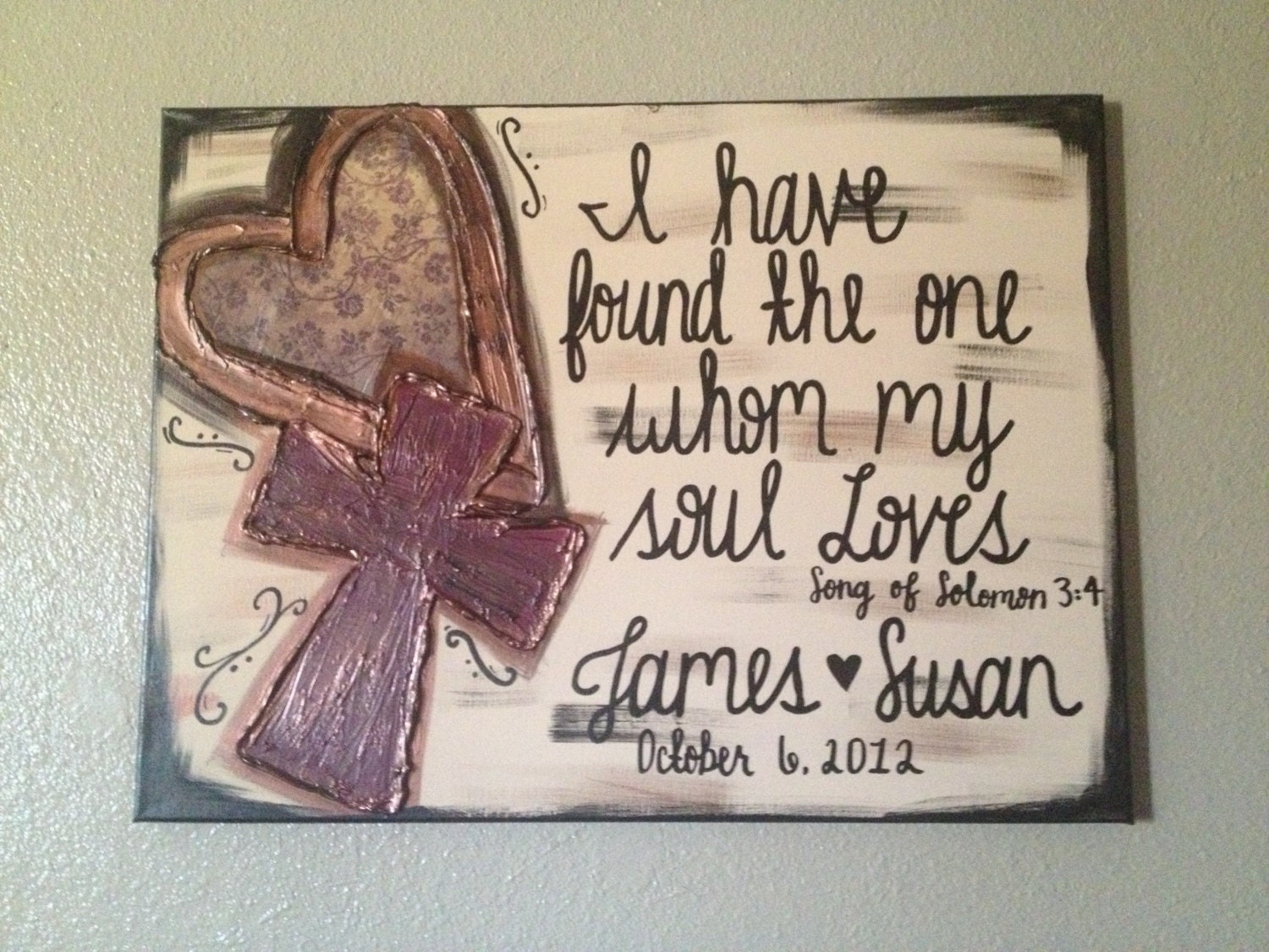 Heart Cross Couple name & Wedding Date textured canvas - I have found the one whom my soul loves