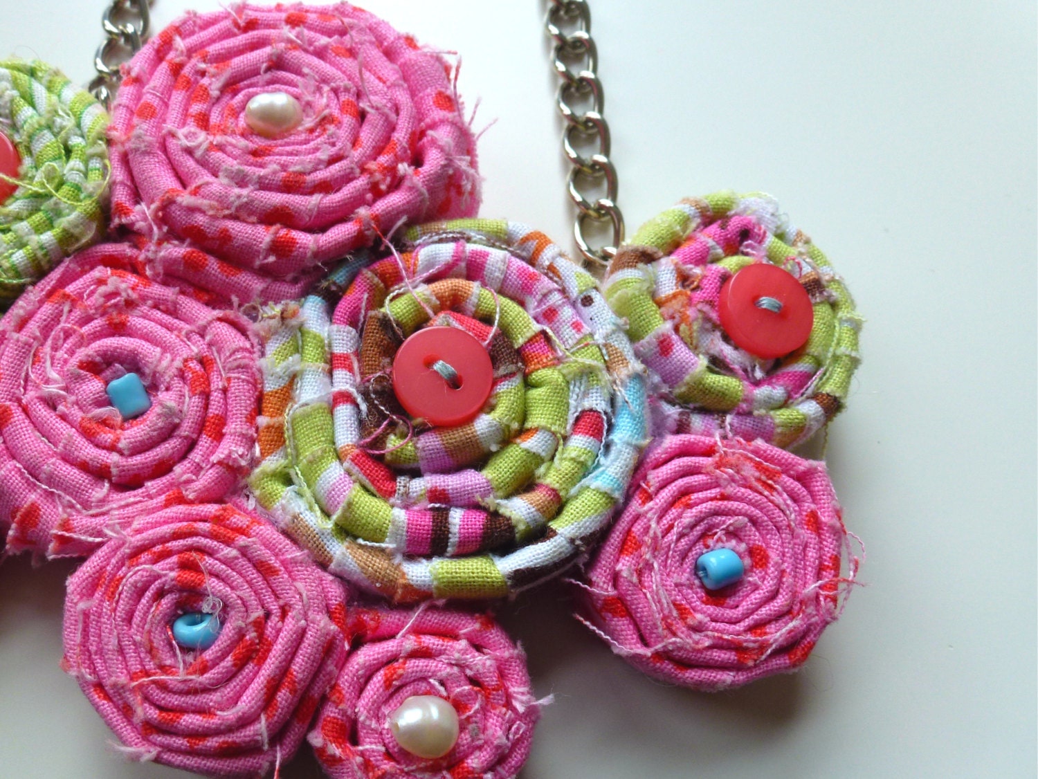 Fibre Necklace - Fabric Beaded Flowers in Pink and Green