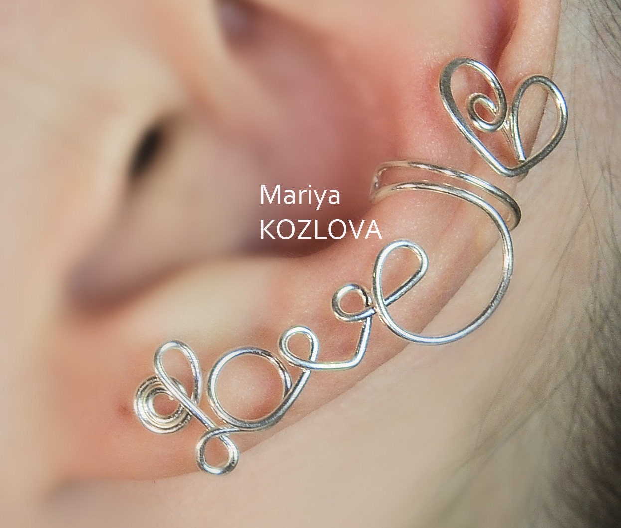 No Piercing Left Ear Cuff wire writing "LOVE" with a heart - cartilage ear cuff - fake piercing - silver plated